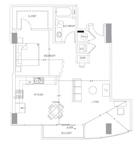 Floor plan for 1 bed, 1 bath, 979 sqft